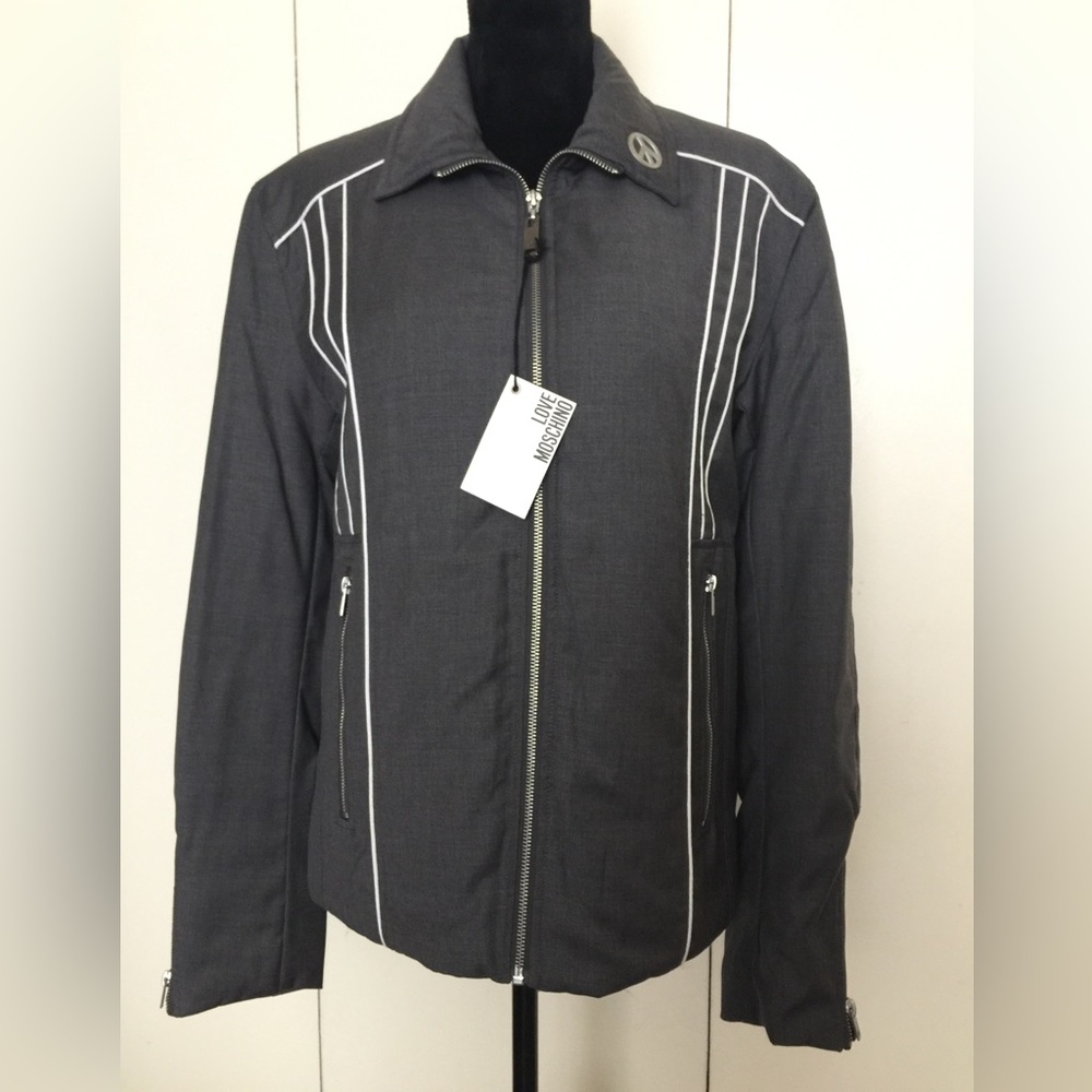LOVE MOSCHINO Mens Gray Jacket Coat Peace Striped Sz US32 F40 GB38 I48 D48